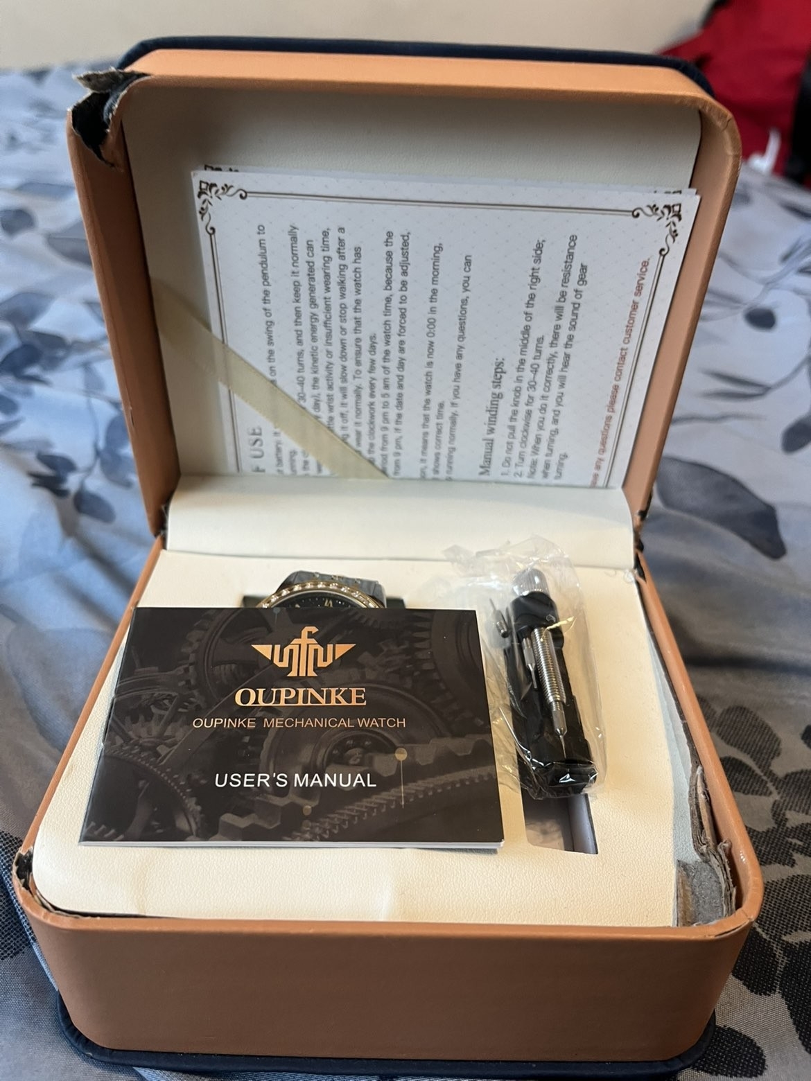 Oupinke Men's Watch Midnight Blue Dial, Brown Box And Adjustment Pen